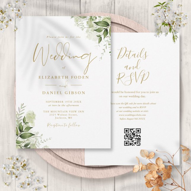 Gold Greenery Floral QR Code Skript Hochzeit Einladung (Gold Greenery Floral QR Code Script Wedding Invitation)