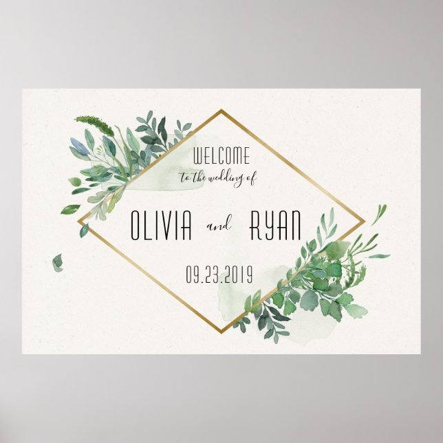 Gold Greenery Frame Wedding Willkommen Poster (Vorne)