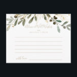 Gold Greenery Hochzeit im Herbst Advice Card Postkarte<br><div class="desc">Diese goldene Grün-Hochzeit im Herbst-Tipp ist perfekt für eine moderne Hochzeit. Das Design zeichnet sich durch charmantes künstlerisches Grün und goldenes Blattwerk aus. Diese Karten sind ideal für Hochzeiten, Brautparty, Babydusche, Graduiertenfest u.v.m. Personalisieren Sie die Karten mit den Namen der Braut und Bräutigam, den Eltern, die Sie werden oder Absolvent....</div>