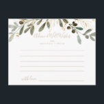 Gold Greenery Hochzeit im Herbst Advice Card Postkarte<br><div class="desc">Diese goldene Grün-Hochzeit im Herbst-Tipp ist perfekt für eine moderne Hochzeit. Das Design zeichnet sich durch charmantes künstlerisches Grün und goldenes Blattwerk aus. Diese Karten sind ideal für Hochzeiten, Brautparty, Babydusche, Graduiertenfest u.v.m. Personalisieren Sie die Karten mit den Namen der Braut und Bräutigam, den Eltern, die Sie werden oder Absolvent....</div>
