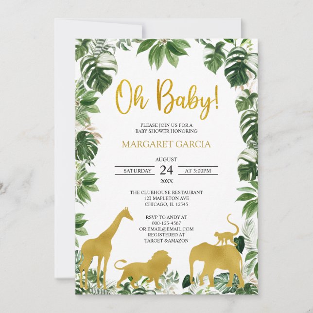  Gold Greenery Jungle Safari Animals Baby Dusche Einladung (Vorderseite)