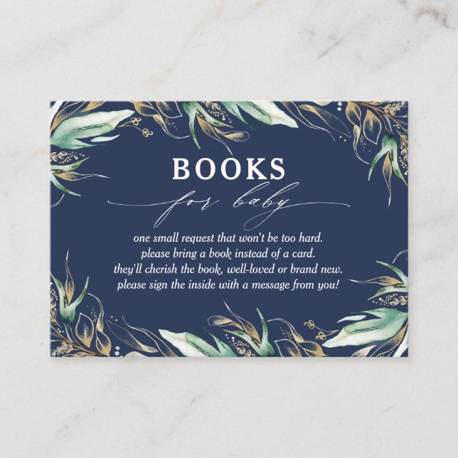 Gold Greenery Navy Blue Baby Books Request Visitenkarte (Vorderseite)