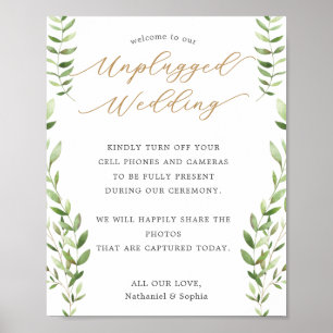 Gold Greenery Unplugged Wedding Sign Poster
