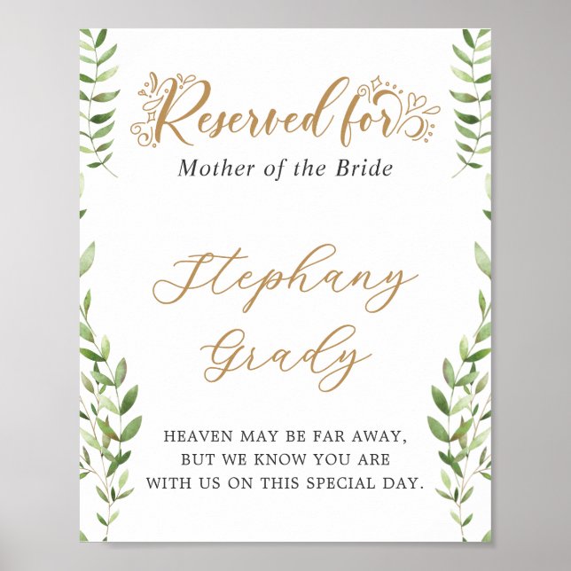 Gold Greenery vorbehaltenes Memorial Table Sign Poster (Vorne)