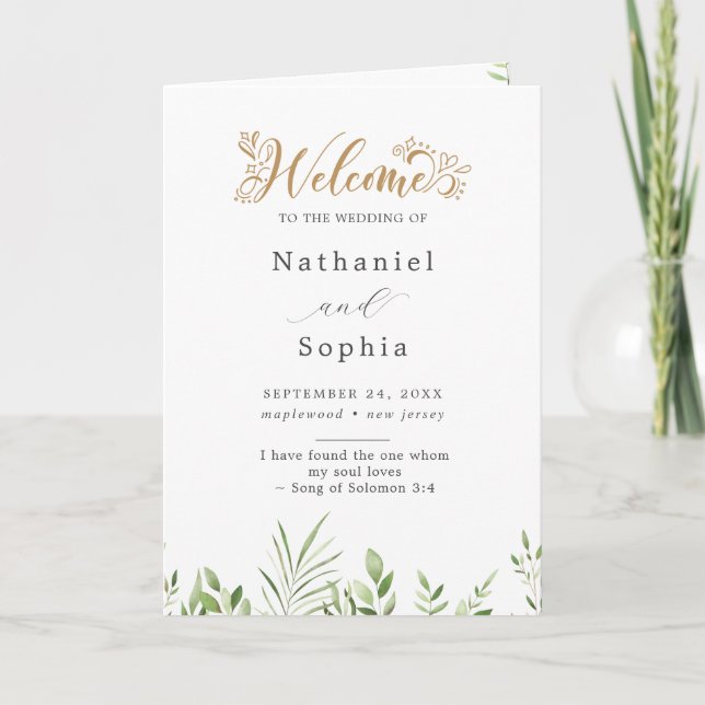 Gold Greenery Watercolor Folded Wedding Program Programm (Vorderseite)