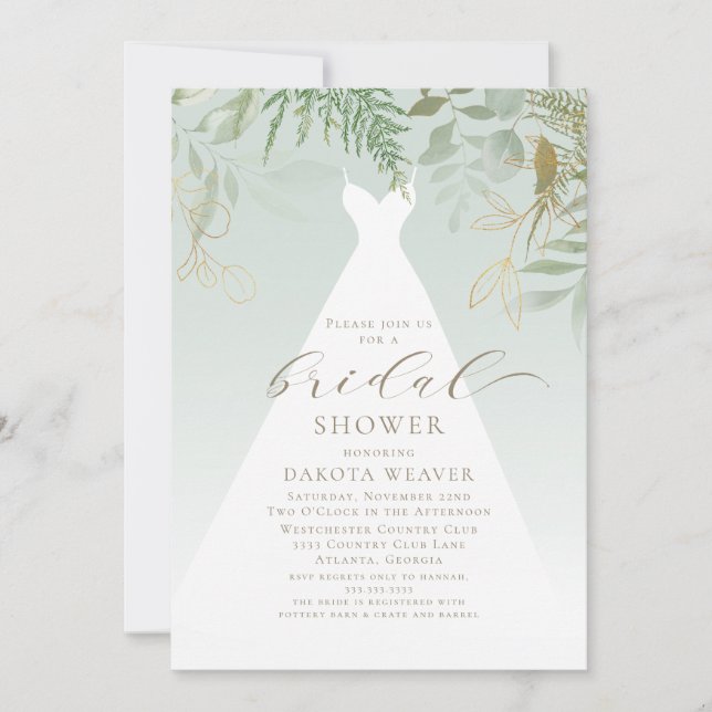 Gold Greenery Wedding Dress Brautparty Einladung (Vorderseite)