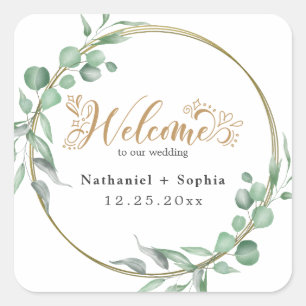 Gold Greenery Wedding Welcome Square Sticker