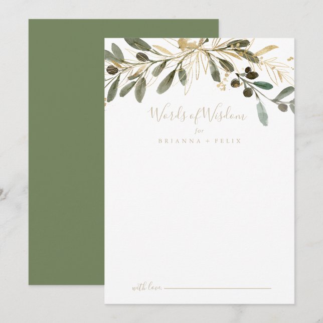 Gold Greenery Wedding Words of Wisdom Advice Card Hinweiskarte (Vorne/Hinten)