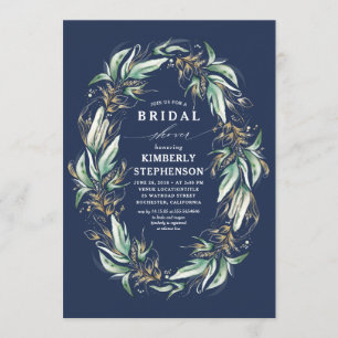 Gold Greenery Wreath Navy Blue Boho Brautparty Einladung