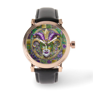 Gold Grün Lila Mardi Gras Narrenmaske Armbanduhr