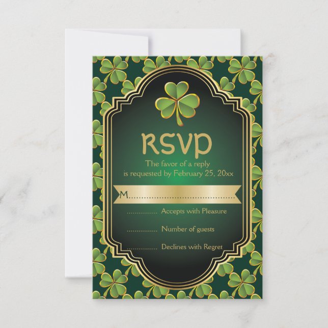 Gold, grünes irisches Klee und Rahmen Hochzeit RSV RSVP Karte (Vorderseite)