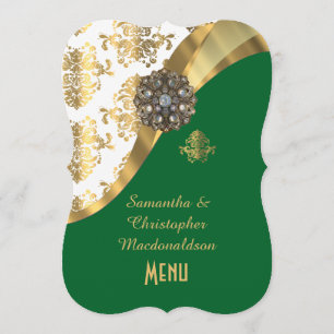 Gold-, Grünes und weißesdamasthochzeitsmenü Menükarte