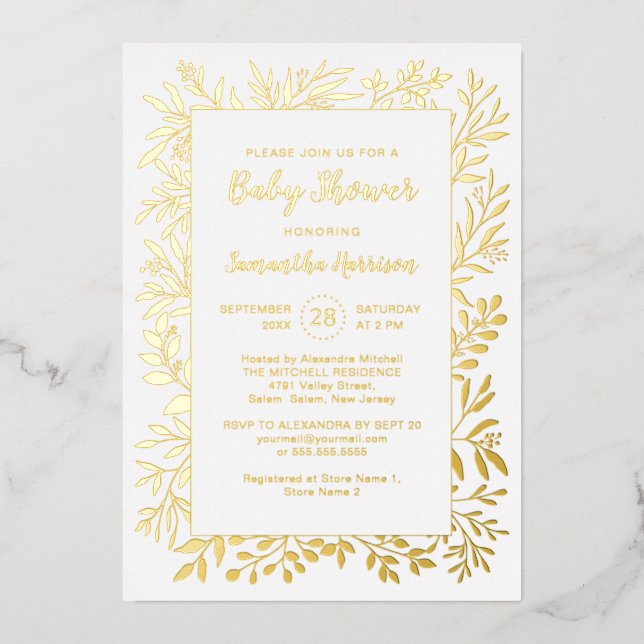 Gold Grünfoliage Gender Neutral Baby Dusche Folieneinladung (Vorderseite)