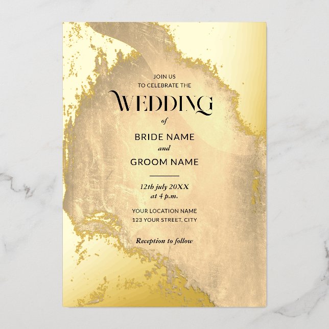 Gold Grunge Texture Wedding Folieneinladung (Vorderseite)