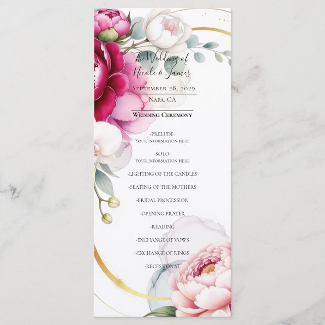 Gold Halo Garden Peonies & Orchids Wedding Program Menükarte (Vorderseite)