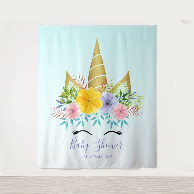 Gold halten Blumen-Einhorn-Babydusche Wandteppich (Vorderseite)