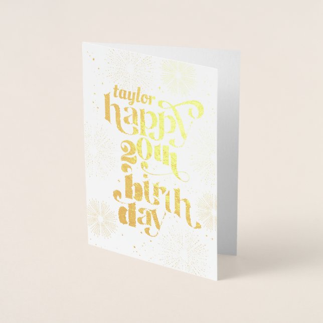 Gold Happy 20th Birthday avec nom carte de voeux (Devant)