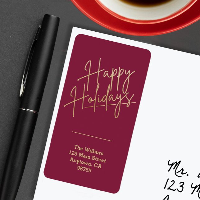 Gold Happy Holidays Cranberry Return Address Adressaufkleber (Gold script Happy Holidays on cranberry vertical return address labels)