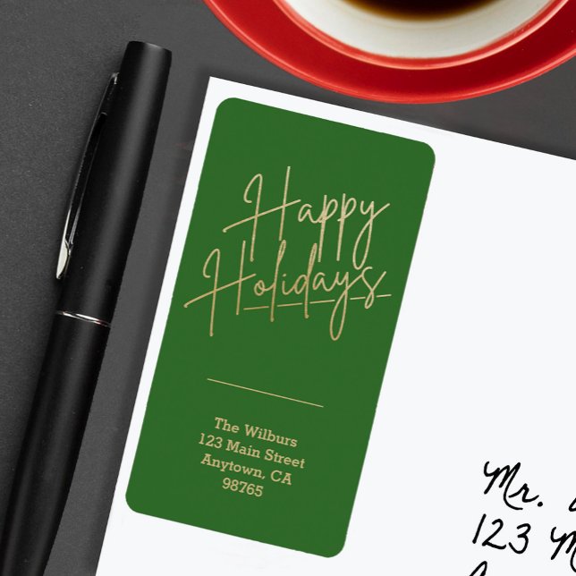 Gold Happy Holidays Green Return Address Adressaufkleber (Gold script Happy Holidays on green vertical return address labels)