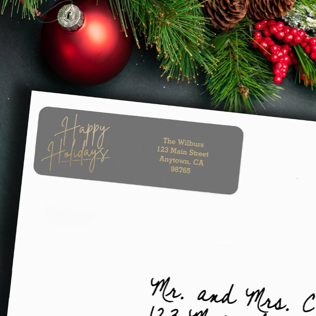 Gold Happy Holidays Grey Return Address (Gold script Happy Holidays on small grey horizontal return address labels)