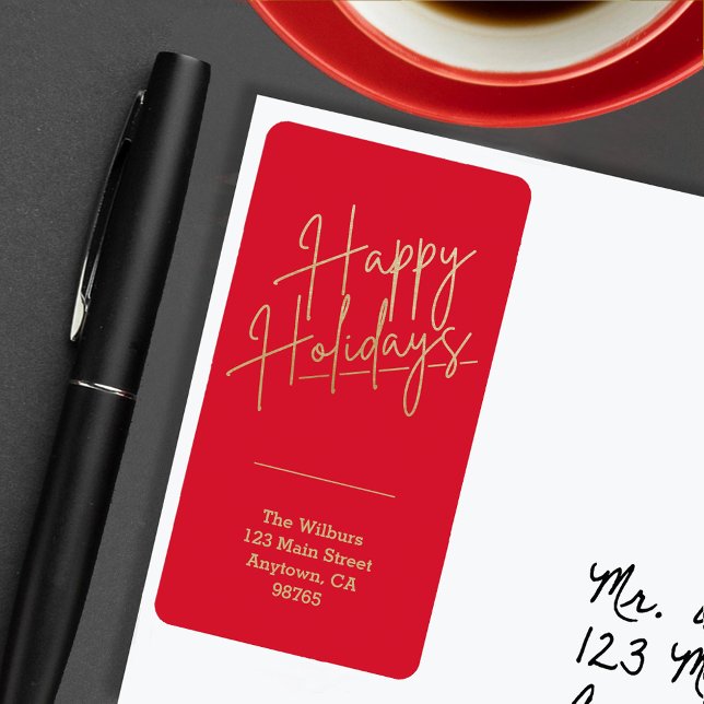 Gold Happy Holidays Red Rücksendeadresse Adressaufkleber (Gold script Happy Holidays on red vertical return address labels)