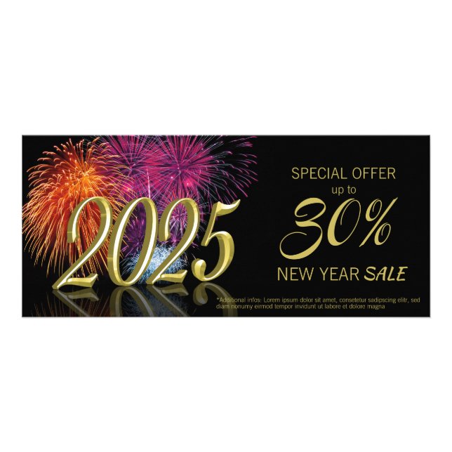 Gold Happy New Year 2025 Fireworks Discount Card Werbekarte (Vorne)