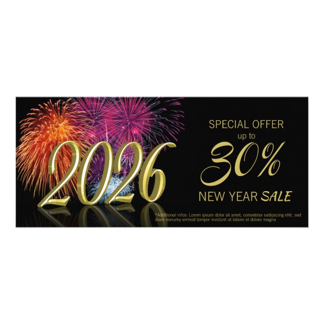 Gold Happy New Year 2026 Fireworks Discount Card Werbekarte (Vorne)