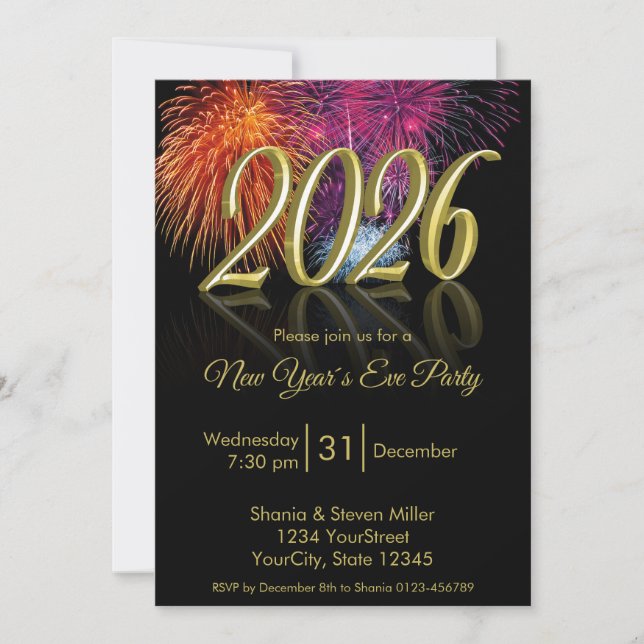 Gold Happy New Year 2026 Fireworks Invitation (Devant)
