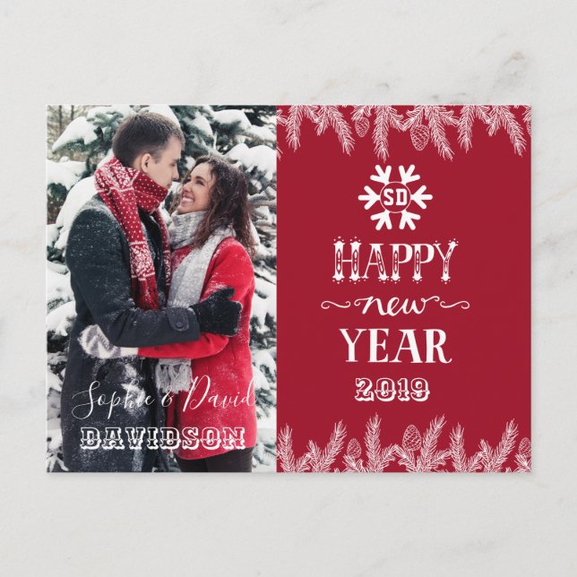 Gold Happy New Year Pine Custom Foto Einladungspostkarte (Vorderseite)