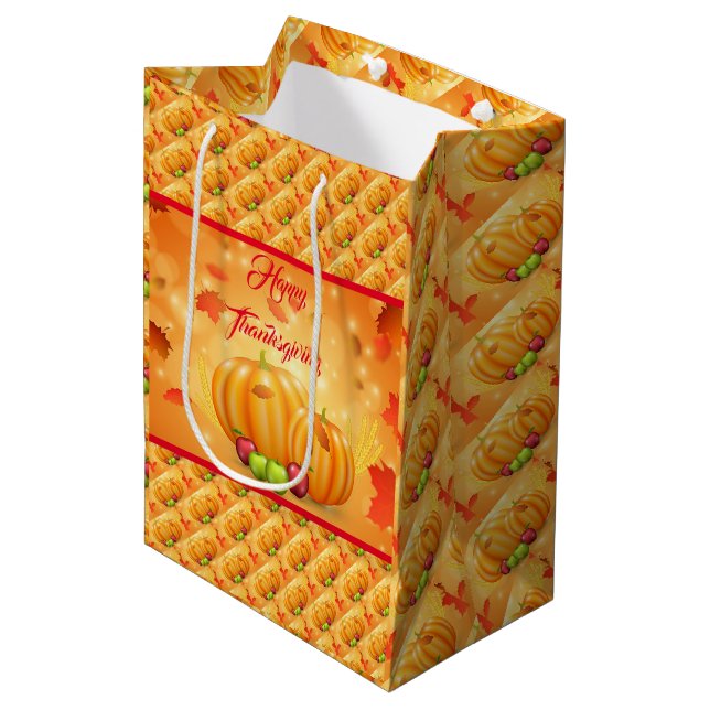 Gold Happy Thanksgiving Fall Geschenk Mittlere Geschenktüte (Vorderseite Schrägansicht)