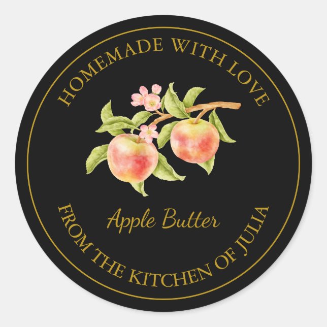 Gold hausgemachte Applet Butter Label | Schwarz Runder Aufkleber (Vorderseite)