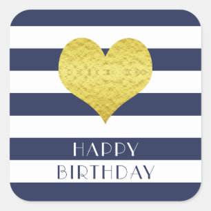Gold Heart Blue White Stripe Happy Birthday Quadratischer Aufkleber