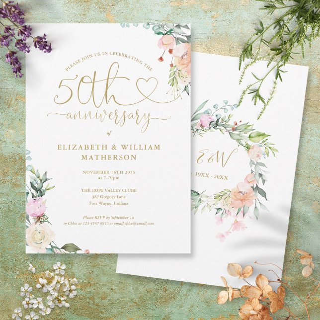 Gold Heart Floral Monogram zum 50. Jubiläum Einladung (Von Creator hochgeladen)