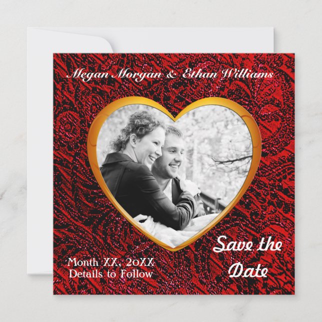 Gold Heart Frame & Red Fabric Foto hinzufügen Save The Date (Vorderseite)