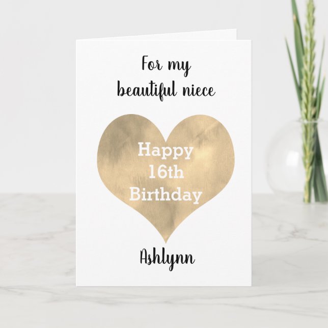 Gold Heart Happy 16. Geburtstag Nichte Karte (Vorderseite)