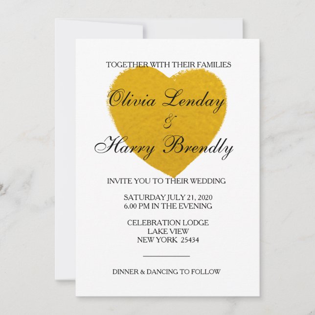 Gold Heart - Imitate Foil Wedding Card Einladung (Vorderseite)