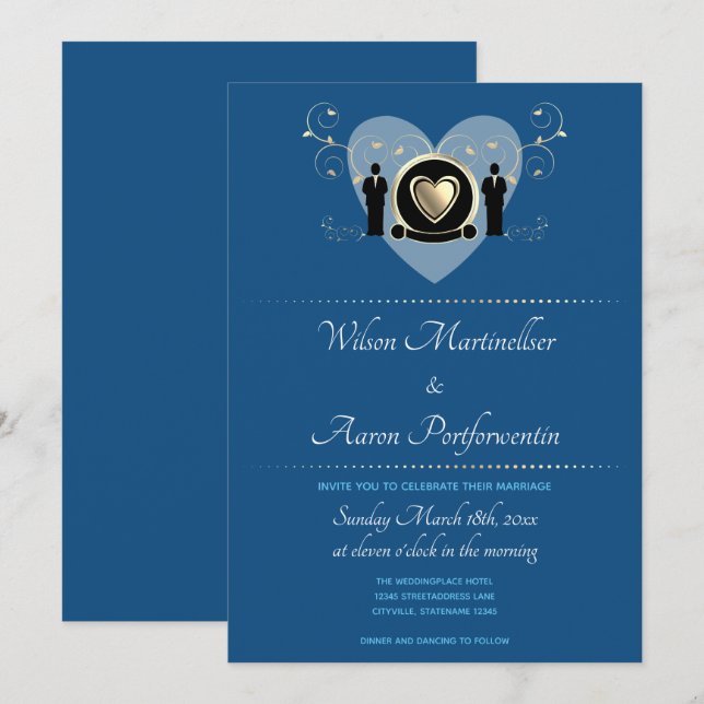 Gold Heart Male Wedding Classic Blue Einladung (Vorne/Hinten)