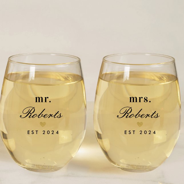 Gold Heart Mr. und Mrs. Newlywed Gift Weinglas Ohne Stiel (Von Creator hochgeladen)