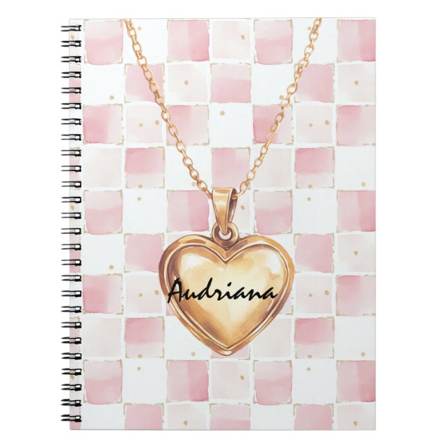 Gold Heart Necklace Pink White Squares Notizblock (Vorderseite)