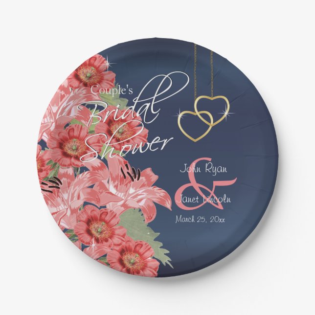 Gold Heart on Coral & Navy Satin Pappteller (Vorderseite)