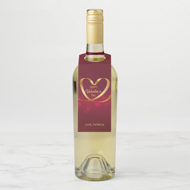 Gold Heart Ribbon Happy Valentine's Day Red Flaschenanhänger (Auf Flasche)