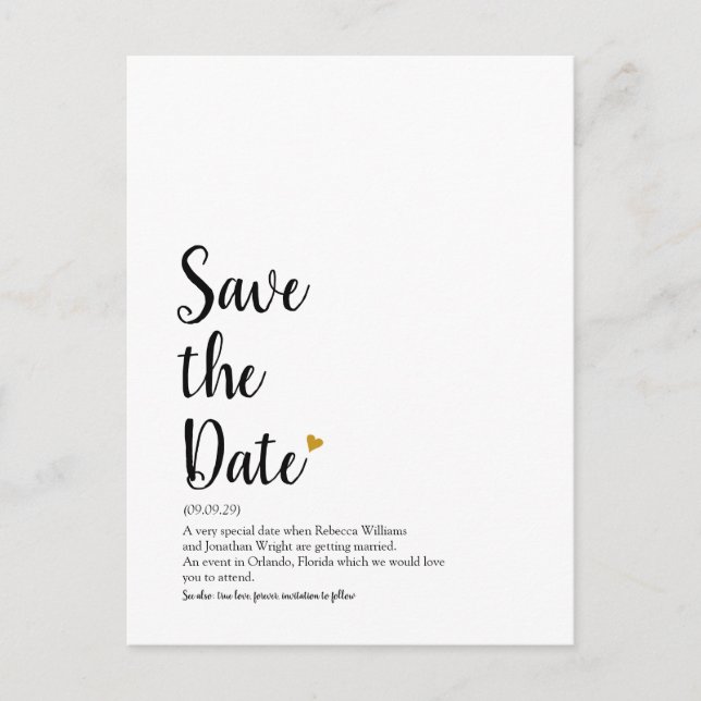 Gold Heart Script Save the Date Definition Postkarte (Vorderseite)