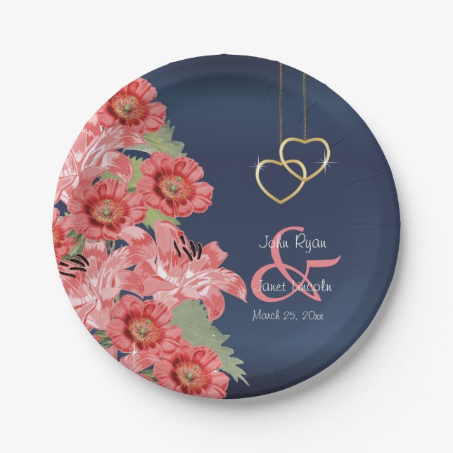 Gold Hearts auf Korallen & Navy Satin Pappteller (Vorderseite)