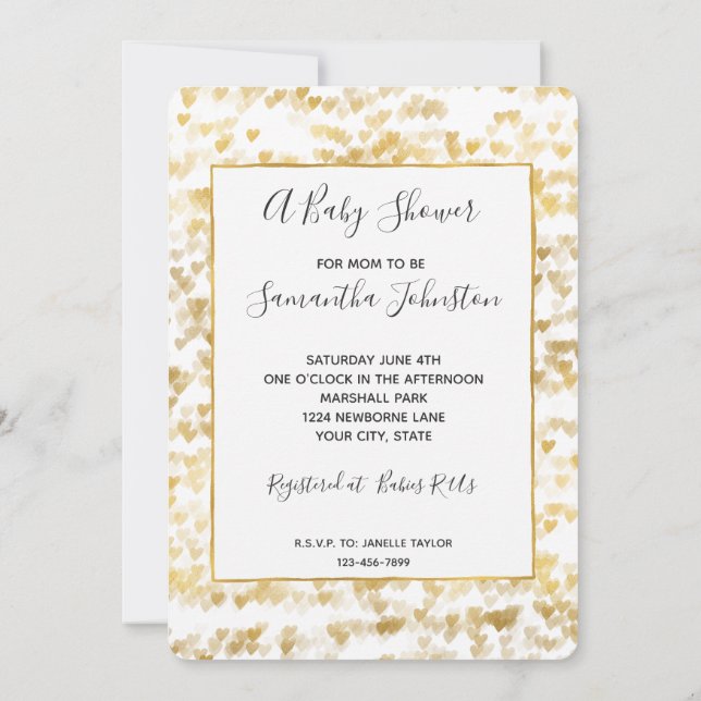 Gold Hearts Baby Dusche Einladung (Rückseite)