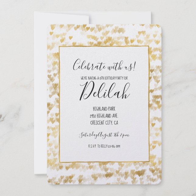 Gold Hearts Birthday Einladung (Vorderseite)