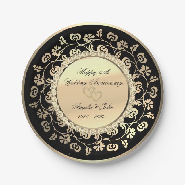 Gold Hearts Blumendiamanten 50thWedding Anniversar Pappteller (Vorderseite)