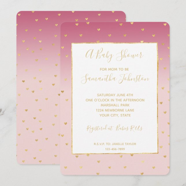 Gold Hearts Blush Pink Ombre Babydusche Einladung (Vorne/Hinten)