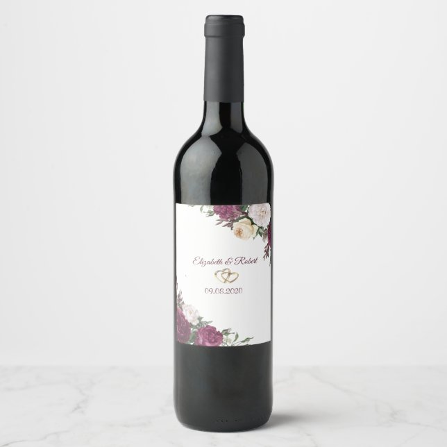 Gold Hearts Burgundy Floral Wedding Weinetikett (Vorderseite)