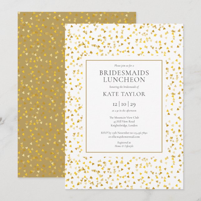 Gold Hearts Confetti Bridesmaids Luncheon Einladung (Vorne/Hinten)