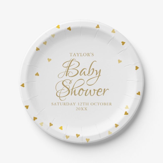Gold Hearts Confetti Kinderdusche / Sprinkle Pappteller (Vorderseite)